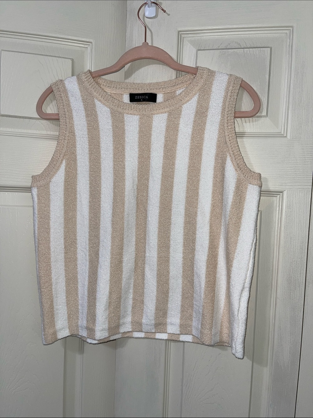 Zesica Beige and White Striped Terry Cloth top. #0060